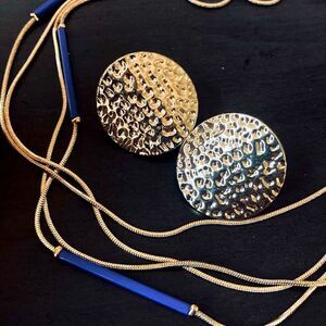 NWT Gold Blue Necklace & Hammered Earrings Set